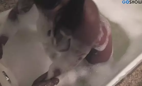 Ebony Beauty Rides Rubber Dildo in Foam Filled Tub Orgasmic Adventure
